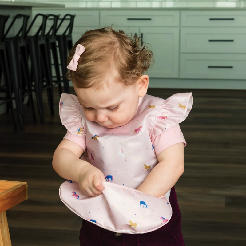Tiny Twinkle Zástěrka s bryndákem s volánky, S - Unicorn Confetti