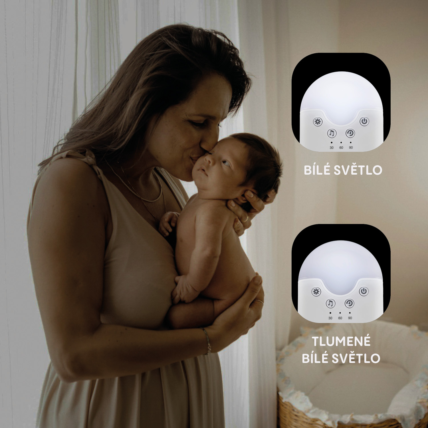 Přenosný usínací modul s LED světlem, bílým šumem a zvuky, White