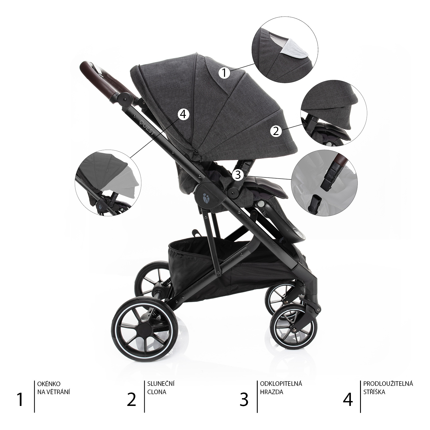 Set kočárek Quest+ korba+ adaptéry+ autosedačka+ báze, Vulcan Black/Black