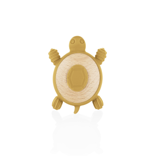 Silikonové dřevěné kousátko Turtle, Mustard Yellow